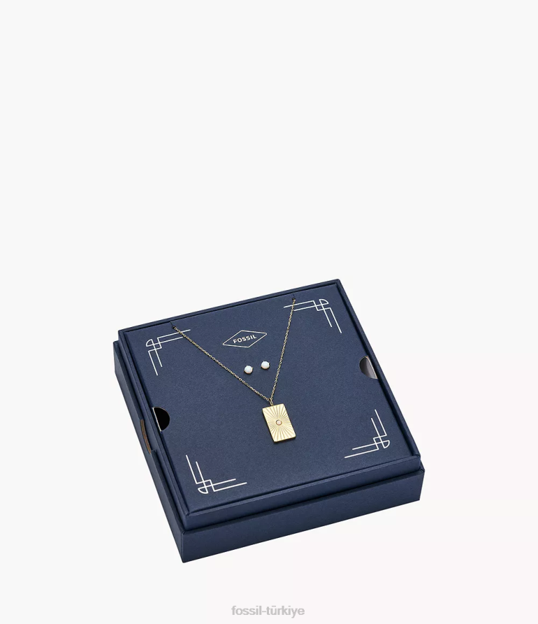 Fossil 6J041218 altın tonu göksel opal sentetik opal kolye ve küpe seti takı kadınlar