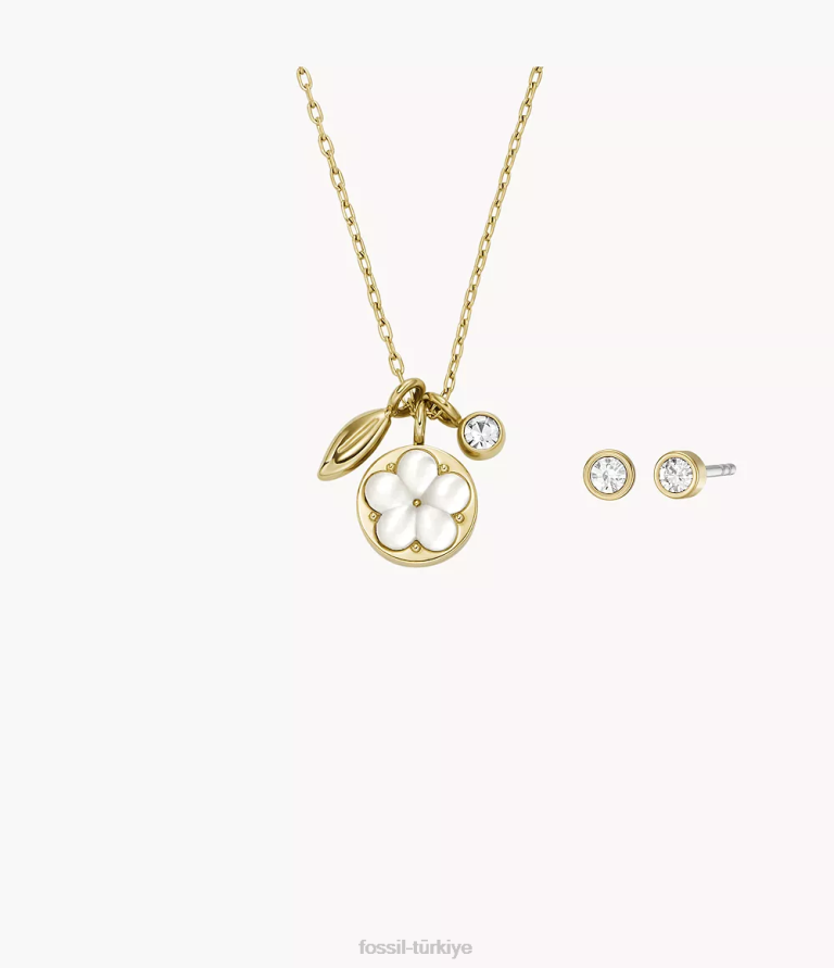 Fossil 6J041259 beyaz kristal kolye kolye ve halka küpe seti takı kadınlar