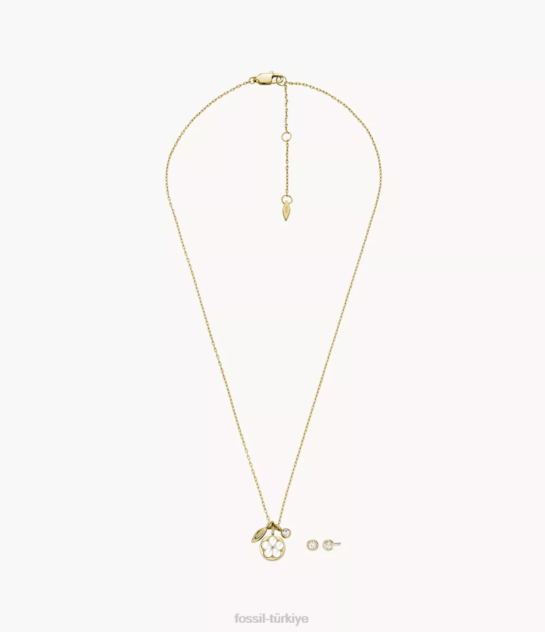 Fossil 6J041259 beyaz kristal kolye kolye ve halka küpe seti takı kadınlar