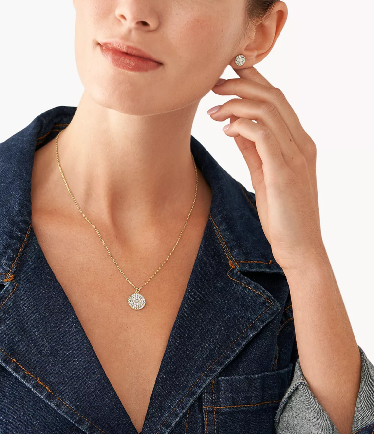 Fossil 6J041283 altın tonu paslanmaz çelik ve sentetik opal kolye ve küpe hediye seti takı kadınlar