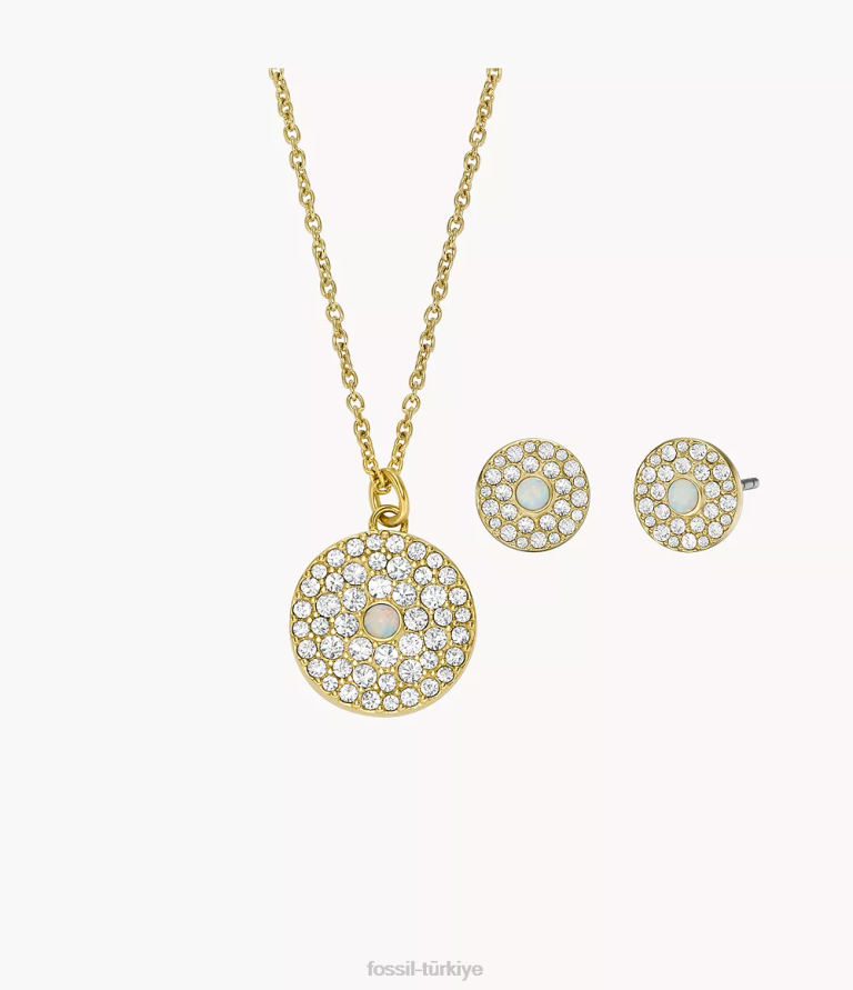 Fossil 6J041283 altın tonu paslanmaz çelik ve sentetik opal kolye ve küpe hediye seti takı kadınlar