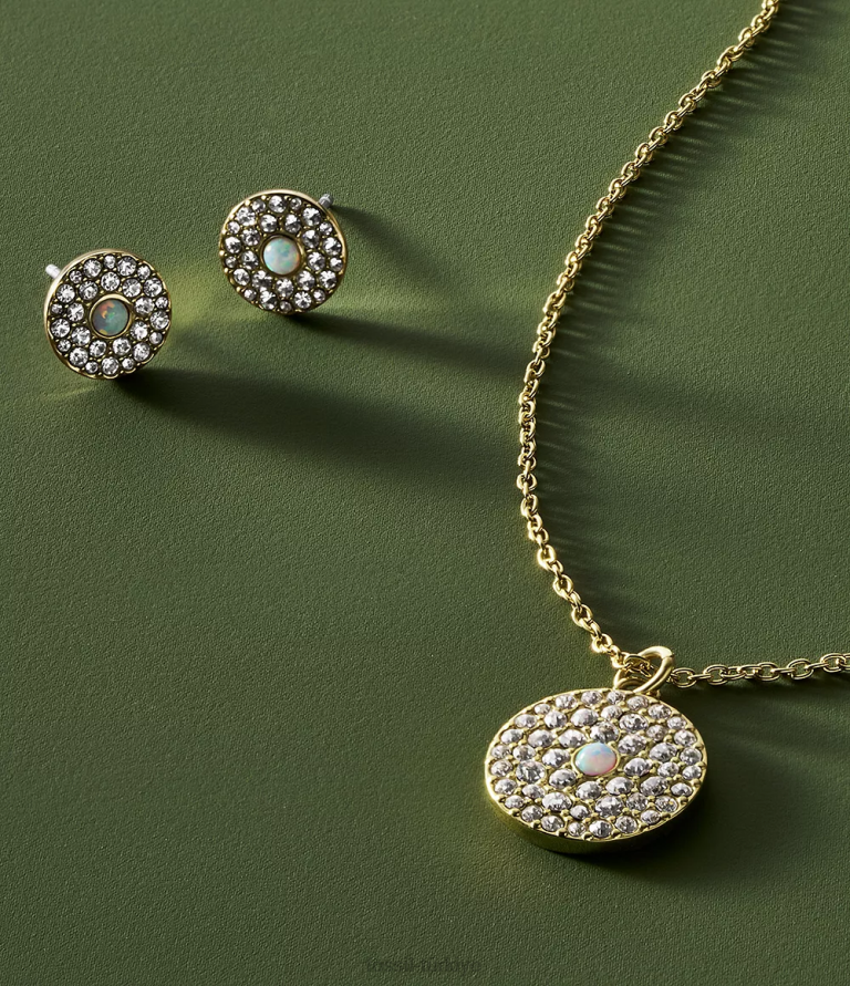Fossil 6J041283 altın tonu paslanmaz çelik ve sentetik opal kolye ve küpe hediye seti takı kadınlar