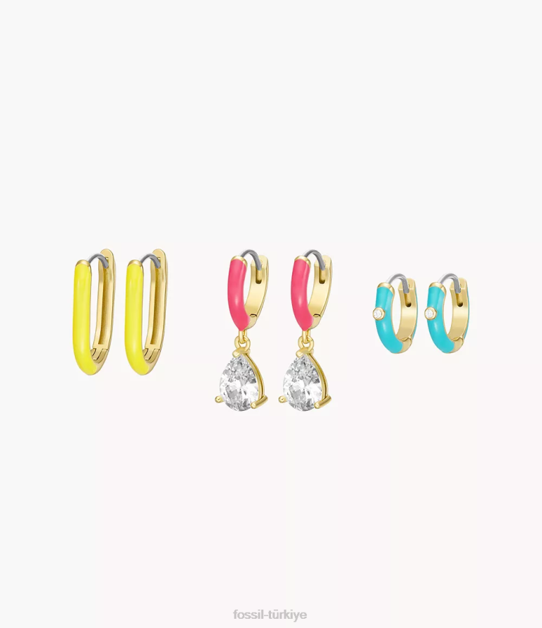 Fossil 6J041292 altın tonu pirinç halka küpe seti takı kadınlar