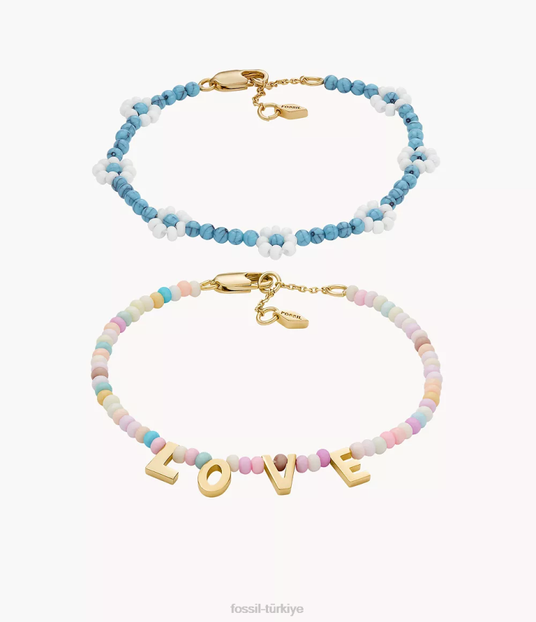 Fossil 6J041299 altın tonu pirinç boncuklu bilezik seti takı kadınlar