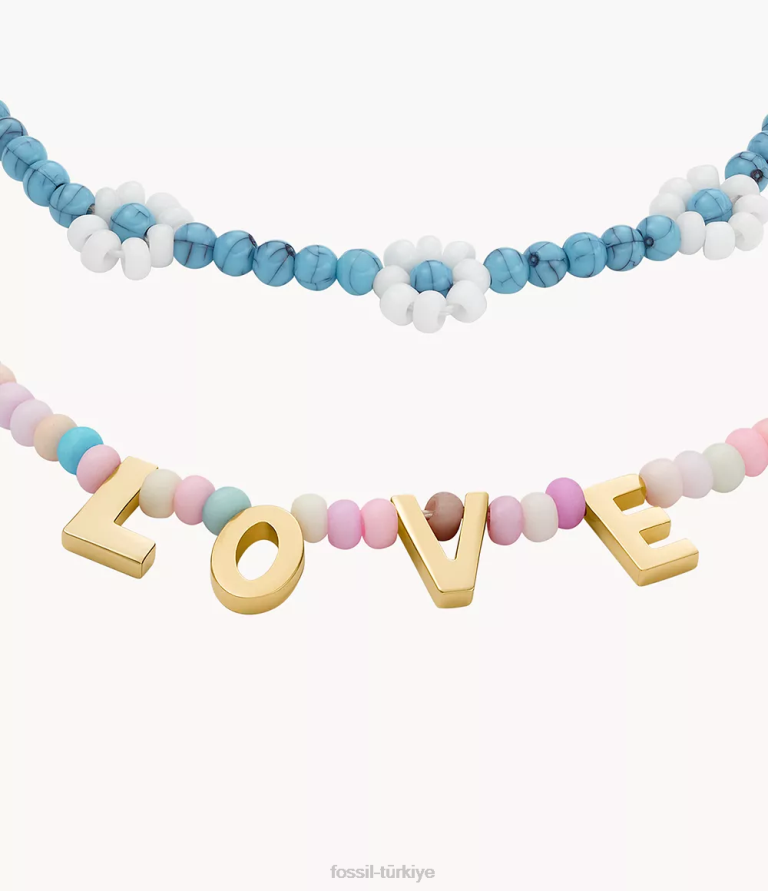 Fossil 6J041299 altın tonu pirinç boncuklu bilezik seti takı kadınlar