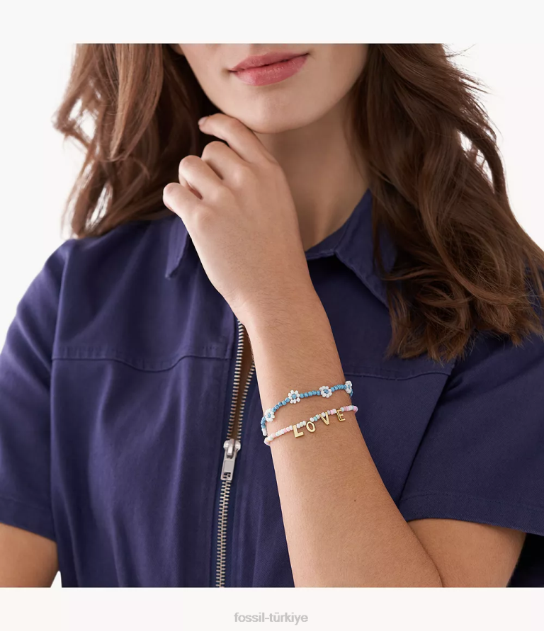 Fossil 6J041299 altın tonu pirinç boncuklu bilezik seti takı kadınlar