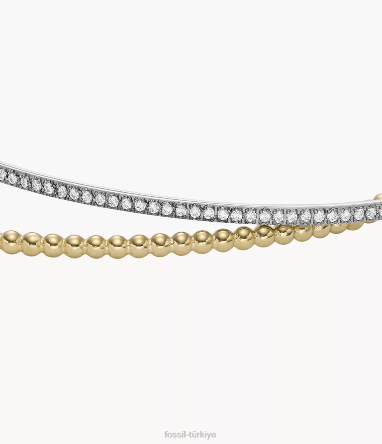 Fossil 6J041311 iki tonlu gümüş ve altın tamamı yığılmış paslanmaz çelik bilezik seti takı kadınlar