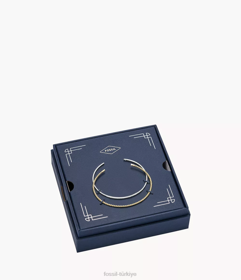 Fossil 6J041311 iki tonlu gümüş ve altın tamamı yığılmış paslanmaz çelik bilezik seti takı kadınlar