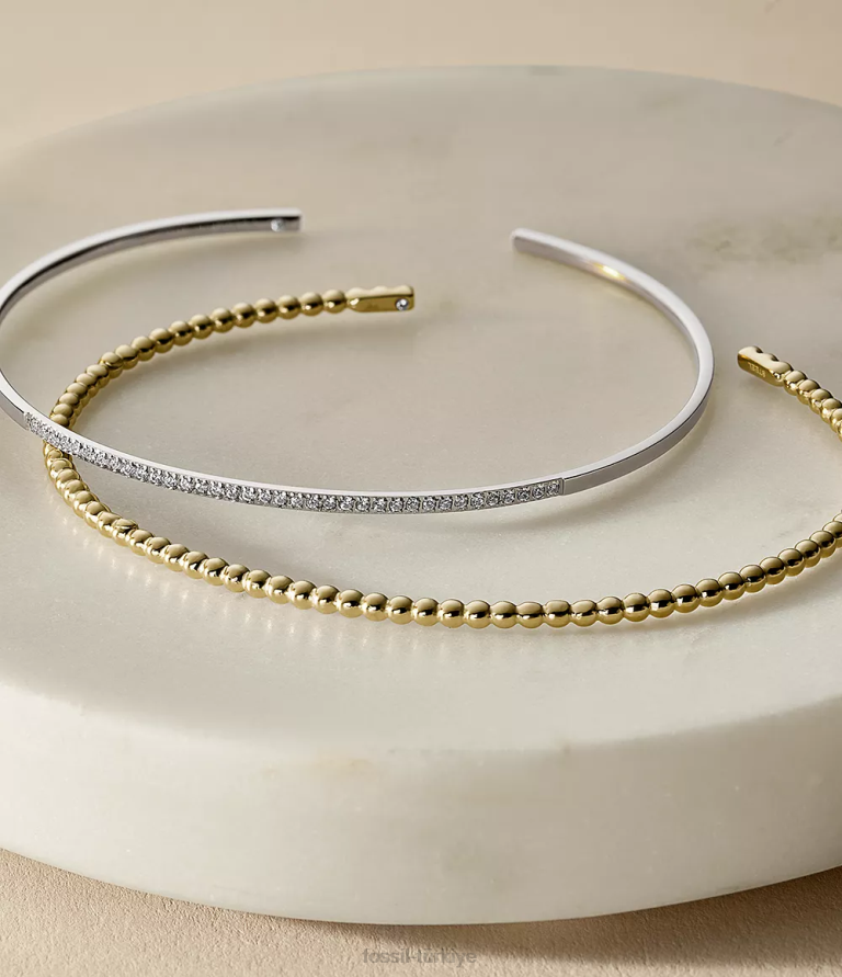 Fossil 6J041311 iki tonlu gümüş ve altın tamamı yığılmış paslanmaz çelik bilezik seti takı kadınlar