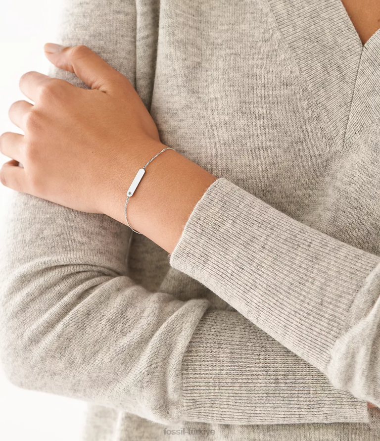 Fossil 6J041010 gümüş ton paslanmaz çelik çubuk zincir bilezik çekti takı kadınlar