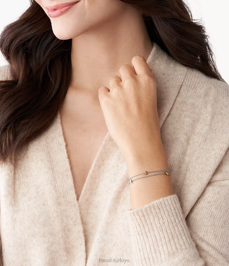 Fossil 6J041015 gümüş sutton kalp üç tonlu çelik çift zincirli bileklik takı kadınlar