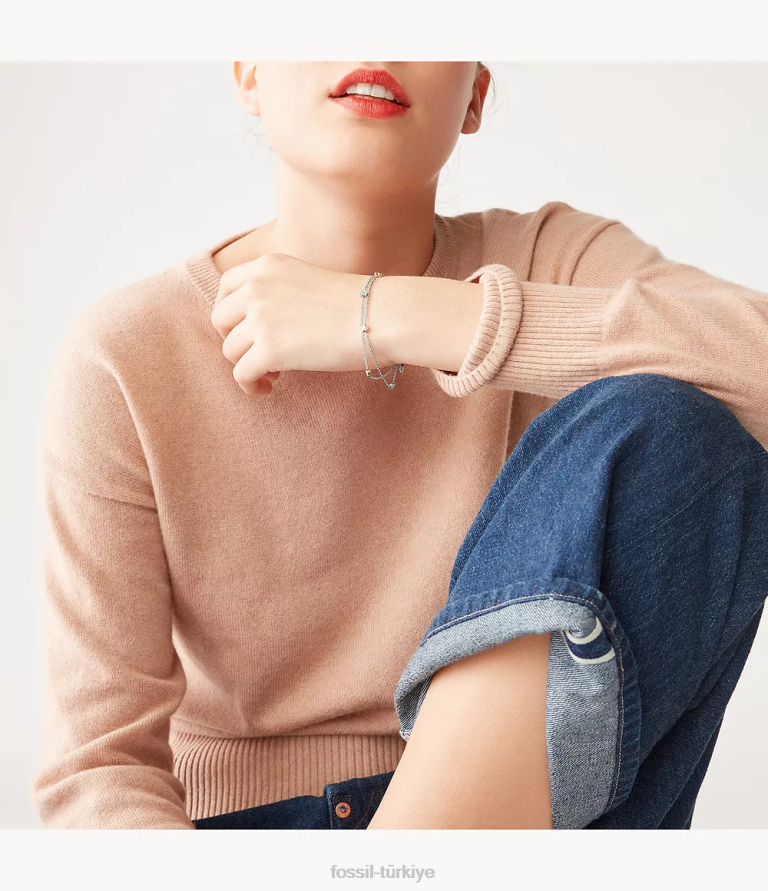 Fossil 6J041015 gümüş sutton kalp üç tonlu çelik çift zincirli bileklik takı kadınlar