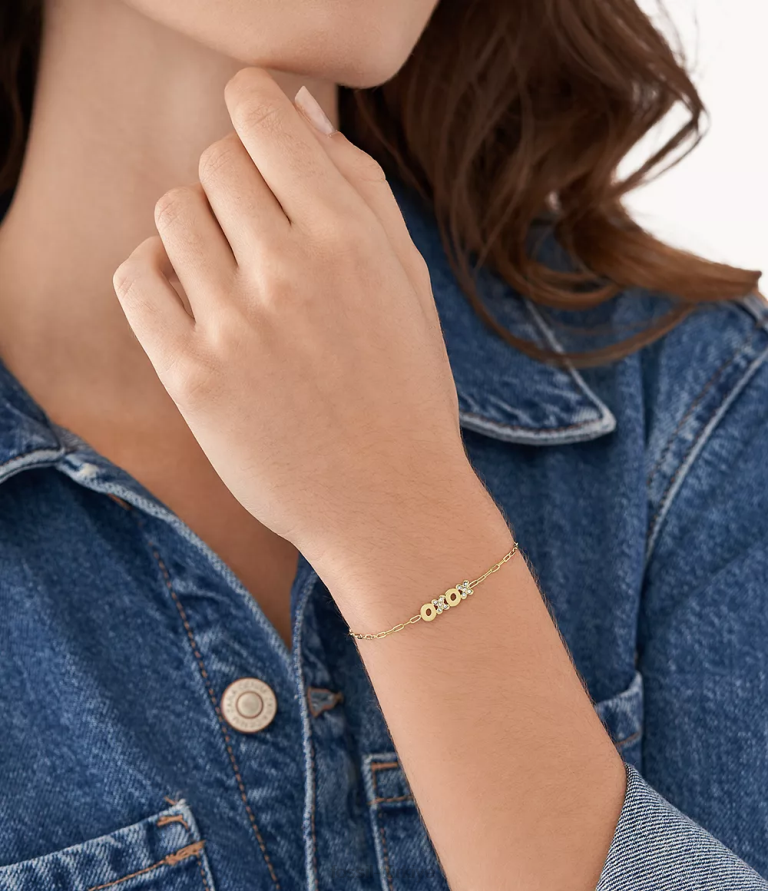 Fossil 6J041288 altın tonu ela paslanmaz çelik istasyon bileziği takı kadınlar