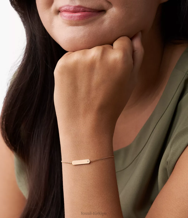 Fossil 6J04970 gül altın tonu şeritli paslanmaz çelik çubuk zincir bilezik takı kadınlar