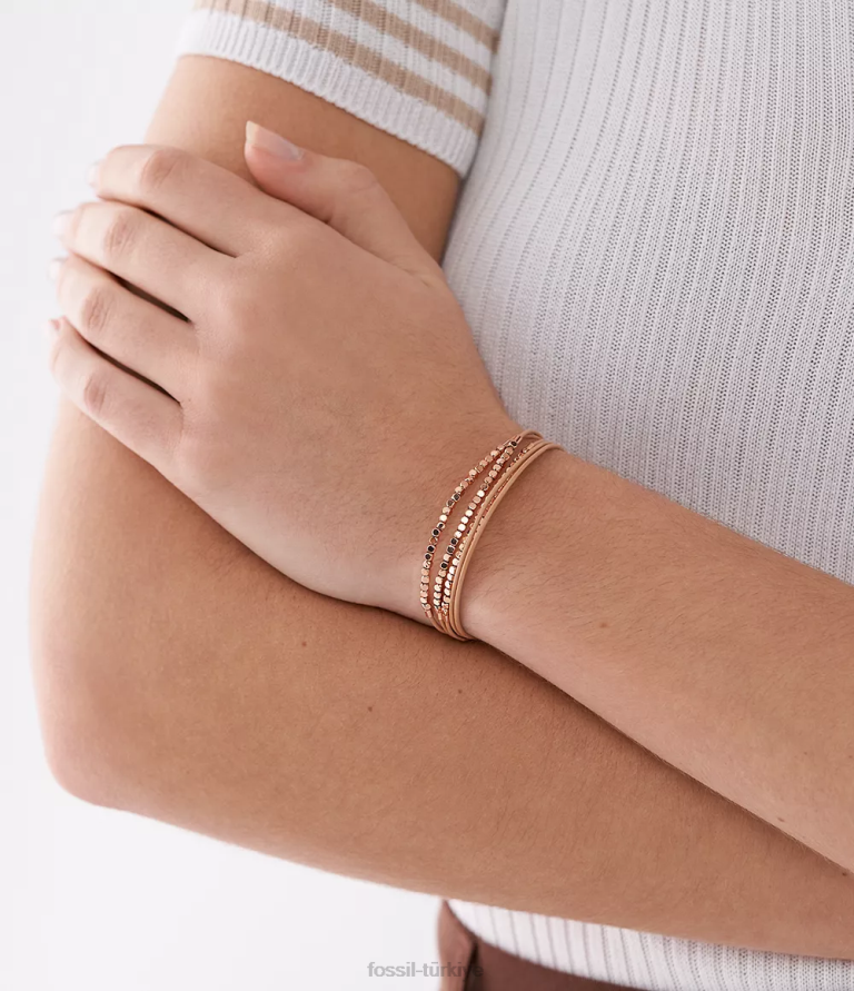 Fossil 6J04981 kahverengi tamamı yığılmış deri zincir bileklik takı kadınlar