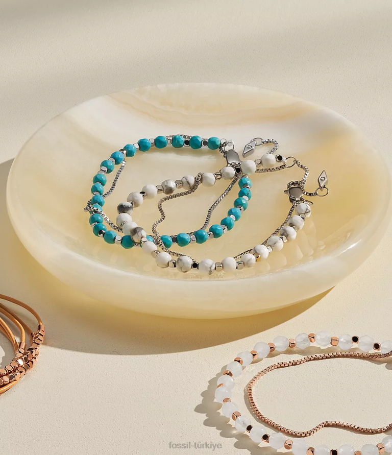 Fossil 6J04983 yeniden yapılandırılmış turkuaz hepsi yığılmış zincir boncuklu bilezik takı kadınlar