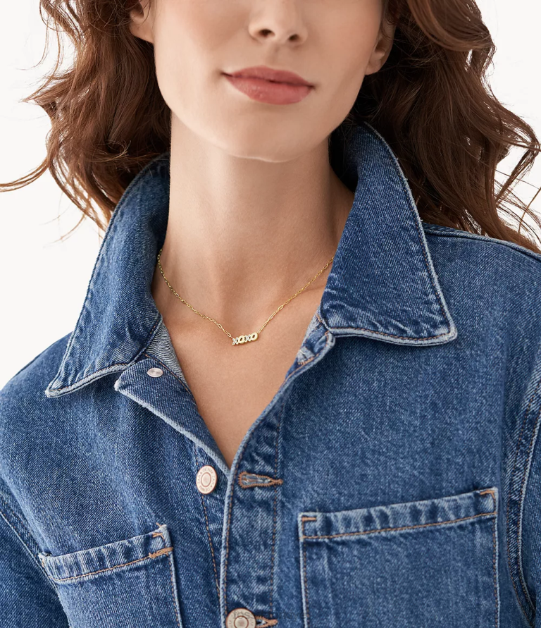 Fossil 6J041284 altın tonu ela paslanmaz çelik istasyon kolye takı kadınlar