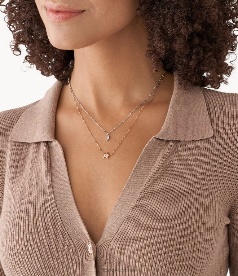 Fossil 6J041308 iki ton ay ve yıldız paslanmaz çelik dönüştürülebilir kolye takı kadınlar