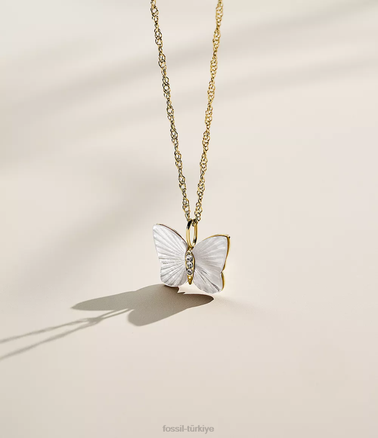 Fossil 6J04897 beyaz sedef parlak kanatlar kelebek zincir kolye takı kadınlar