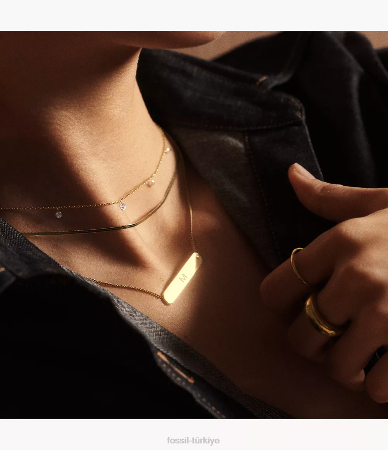 Fossil 6J04909 altın tonu paslanmaz çelik çubuk zincir kolye çekti takı kadınlar