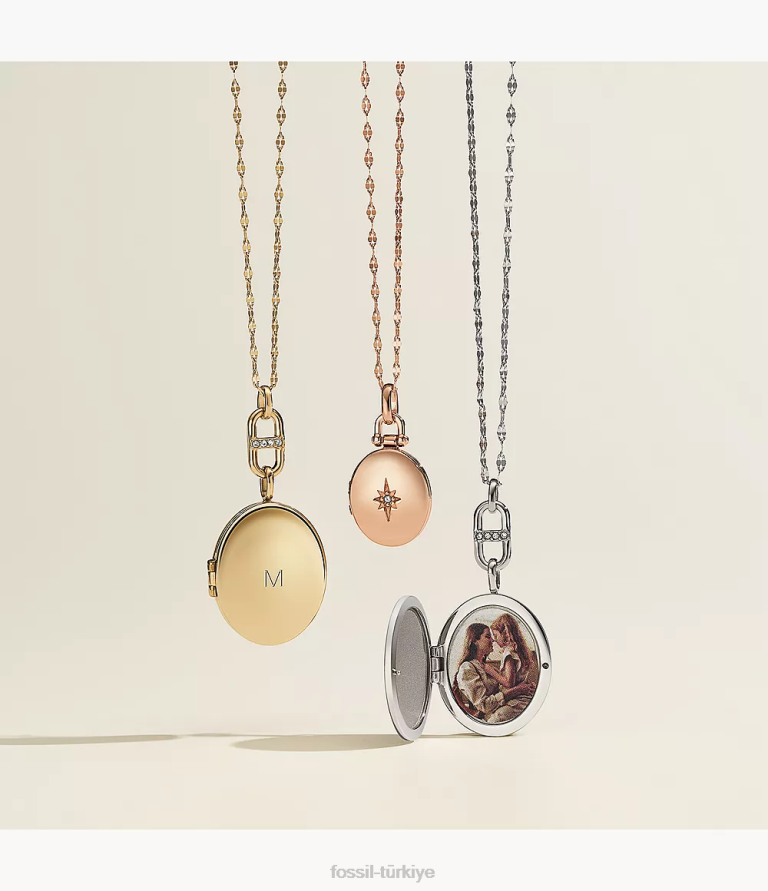 Fossil 6J04910 gül altın tonu madalyon koleksiyonu paslanmaz çelik zincir kolye takı kadınlar