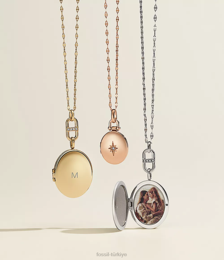 Fossil 6J04910 gül altın tonu madalyon koleksiyonu paslanmaz çelik zincir kolye takı kadınlar