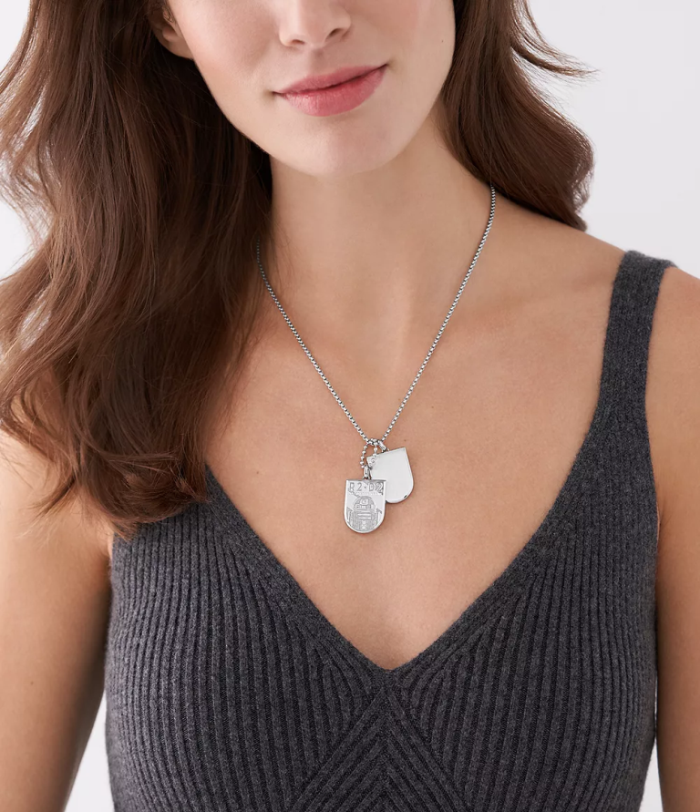 Fossil 6J04911 gümüş ton yıldız savaşları r2-d2 paslanmaz çelik künye kolye takı kadınlar