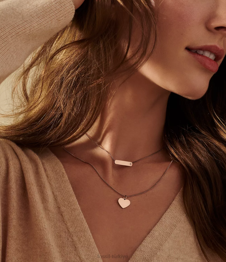 Fossil 6J04912 gül altın tonu şeritli kalp paslanmaz çelik kolye takı kadınlar