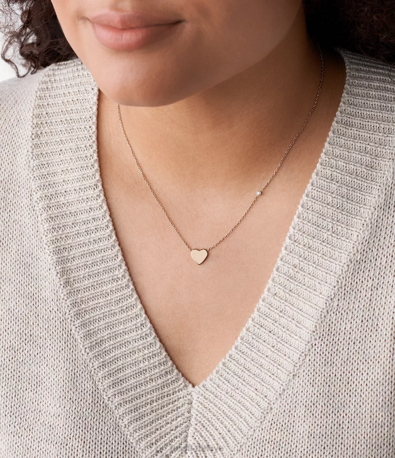 Fossil 6J04916 gül altın tonu şeritli kalp paslanmaz çelik kolye takı kadınlar