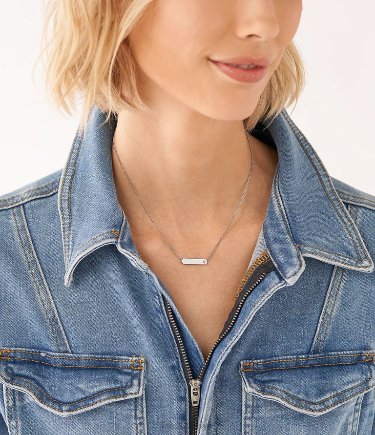 Fossil 6J04919 gümüş ton paslanmaz çelik çubuk zincir kolye çekti takı kadınlar