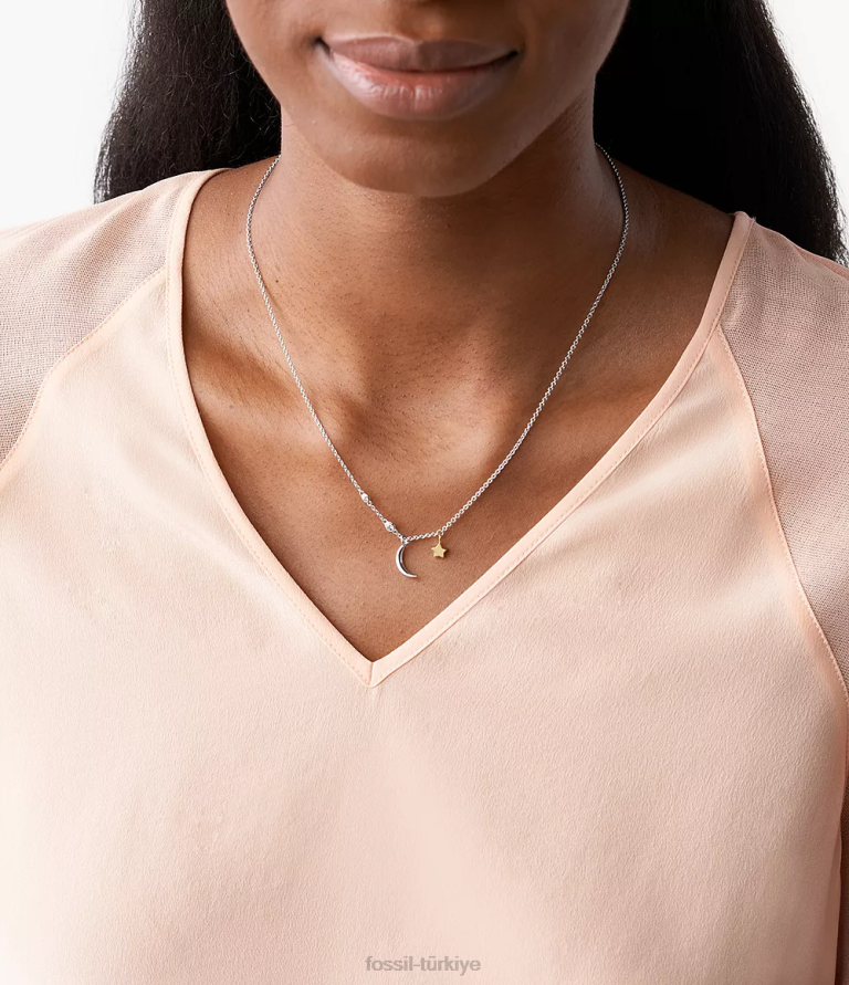 Fossil 6J04929 gümüş elliott sterling yıldız ve hilal ay kolye takı kadınlar