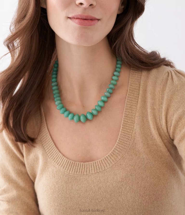 Fossil 6J04934 yeşil hepsi yığılmış aventurin boncuklu kolye takı kadınlar