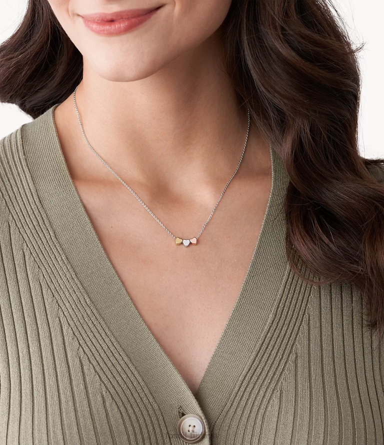 Fossil 6J04935 gümüş elliott anneler günü kalpli üç tonlu sterling kutulu kolye takı kadınlar