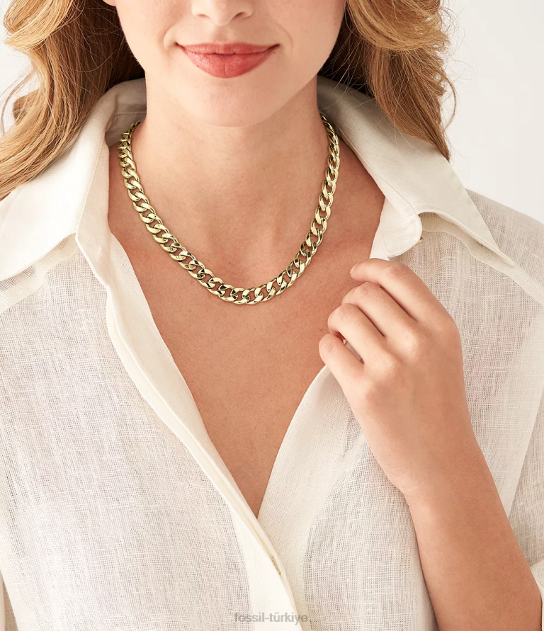 Fossil 6J04937 altın tonu tamamı yığılmış paslanmaz çelik zincir kolye takı kadınlar