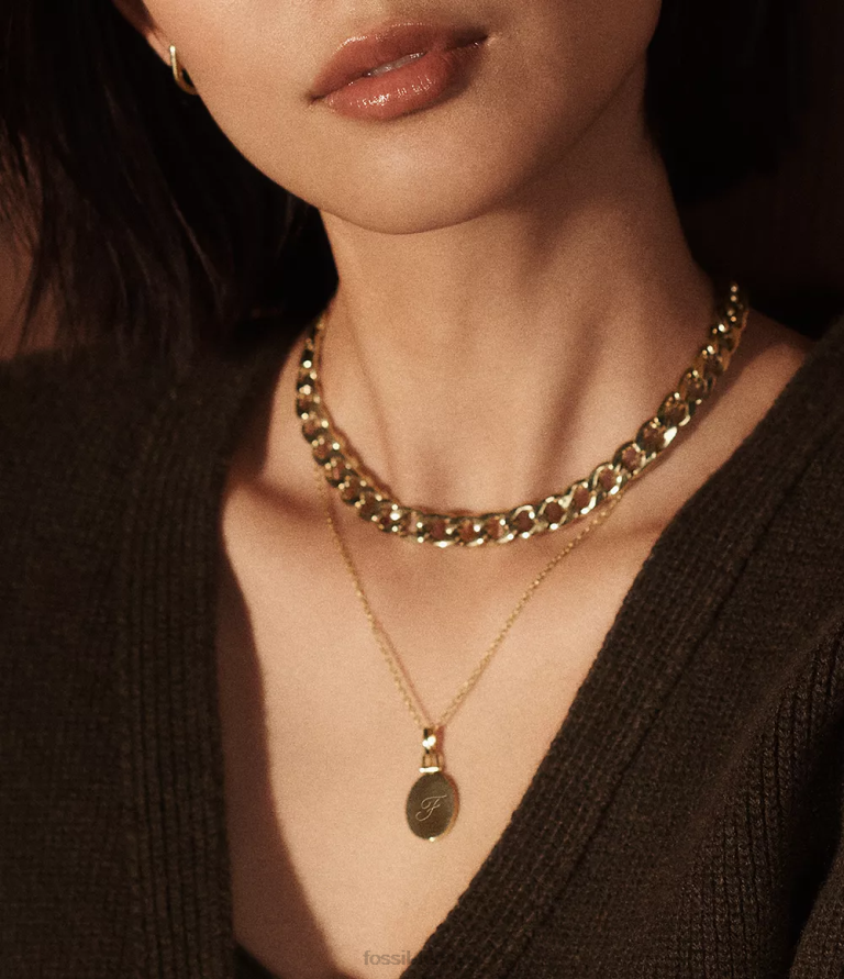 Fossil 6J04937 altın tonu tamamı yığılmış paslanmaz çelik zincir kolye takı kadınlar