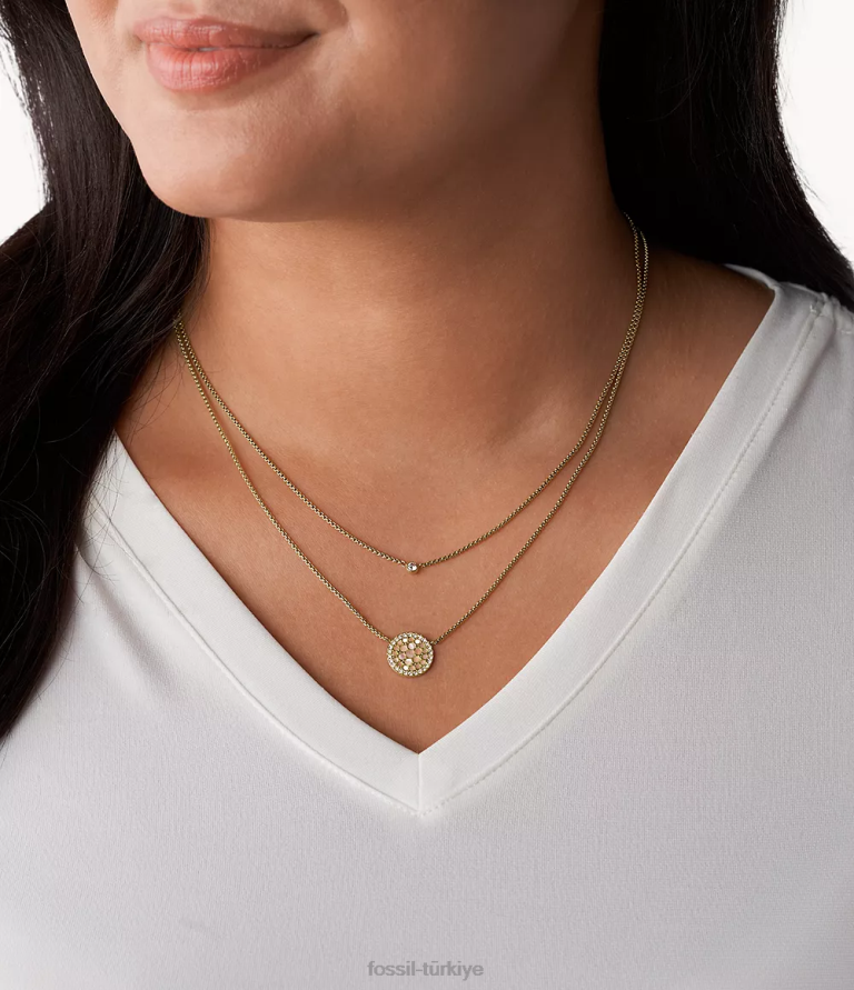 Fossil 6J04956 altın tonu val duo mozaik paslanmaz çelik kolye takı kadınlar