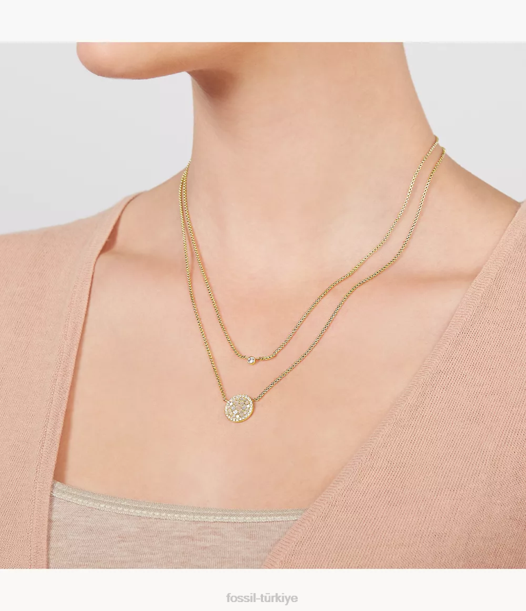 Fossil 6J04956 altın tonu val duo mozaik paslanmaz çelik kolye takı kadınlar