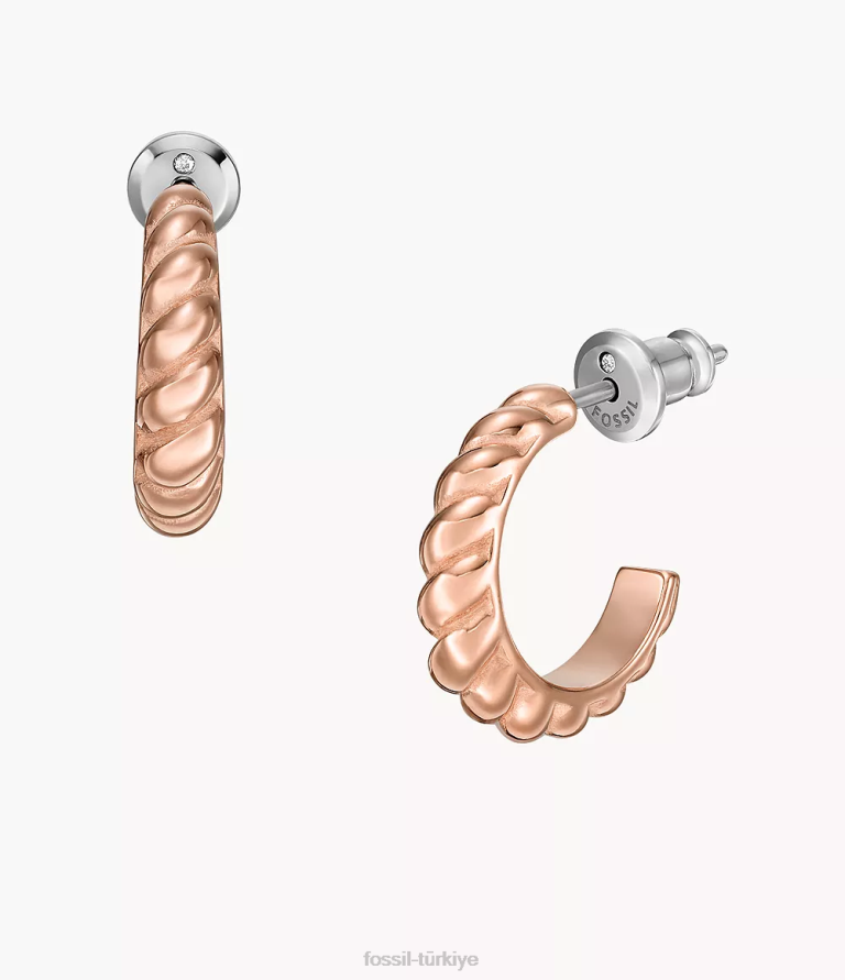 Fossil 6J041081 gül altın tonu vintage katlanmış paslanmaz çelik halka küpeler takı kadınlar