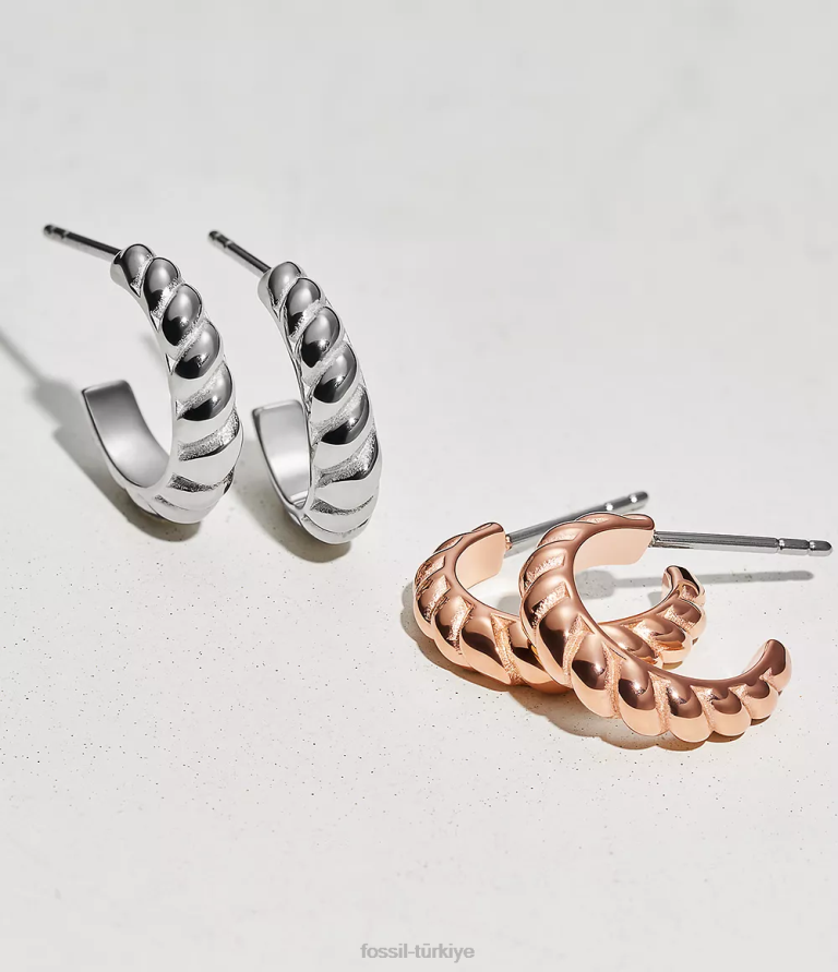 Fossil 6J041081 gül altın tonu vintage katlanmış paslanmaz çelik halka küpeler takı kadınlar