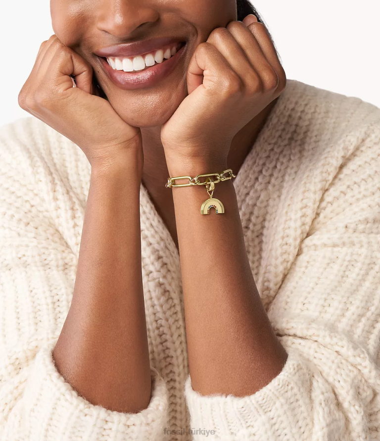 Fossil 6J041193 altın tonu üvez ah çok sevimli çok renkli cam paslanmaz çelik gökkuşağı cazibesi takı kadınlar