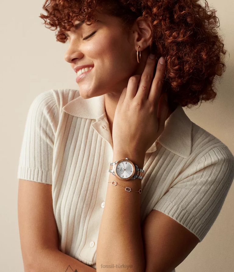 Fossil 6J041252 gül altın tonu dokulu paslanmaz çelik çemberler takı kadınlar