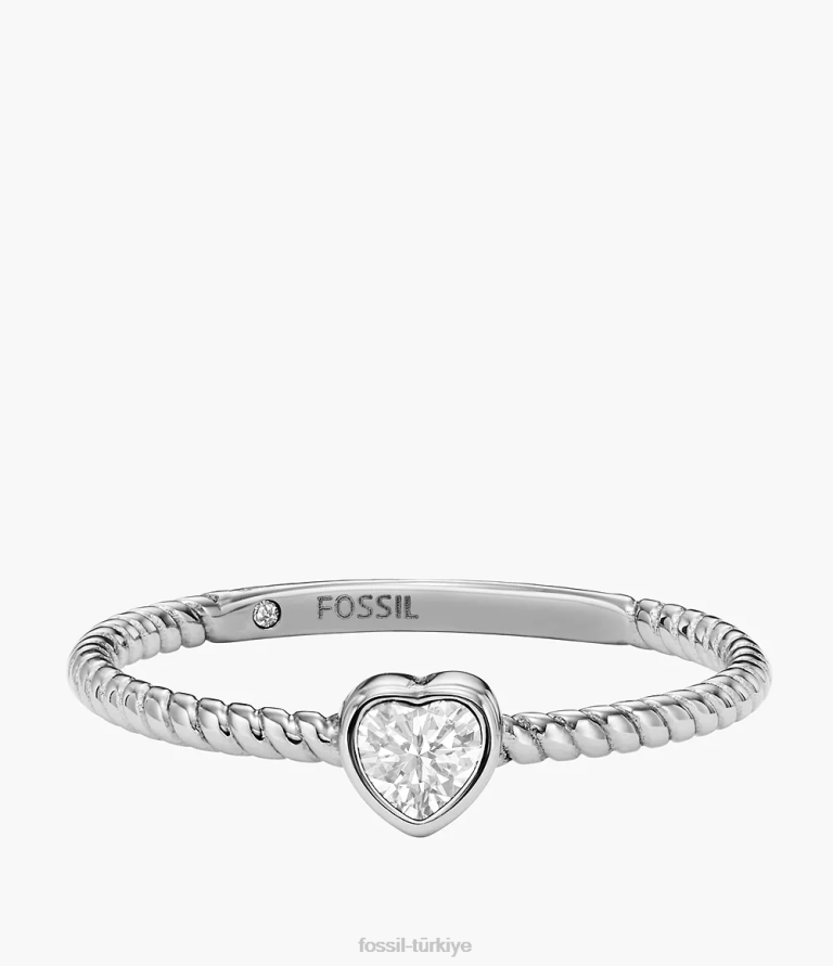 Fossil 6J041114 gümüş ton hepsi yığılmış paslanmaz çelik kalp parıltılı yüzük takı kadınlar