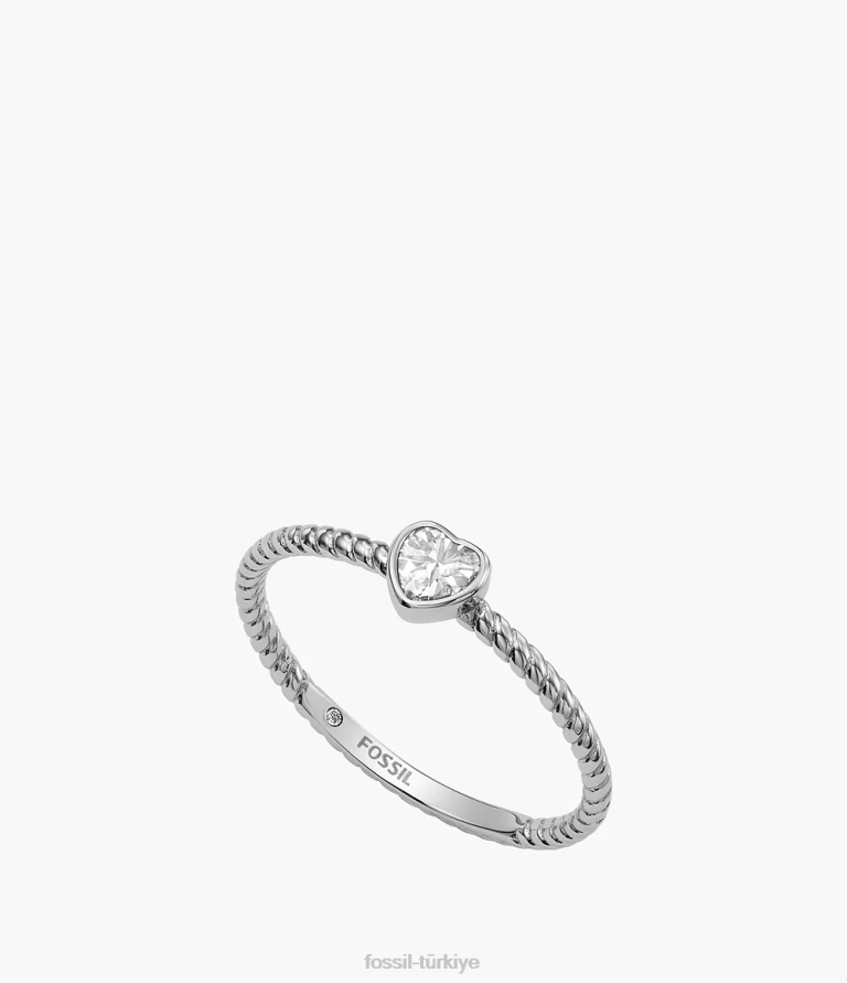 Fossil 6J041114 gümüş ton hepsi yığılmış paslanmaz çelik kalp parıltılı yüzük takı kadınlar