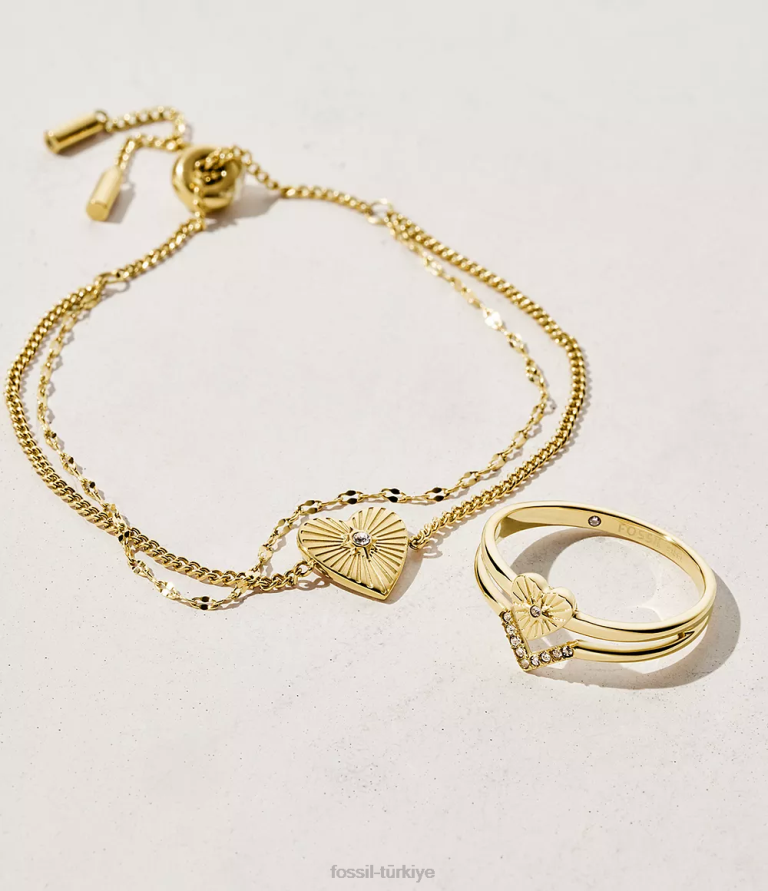 Fossil 6J041212 altın tonu paslanmaz çelik yığın halkası takı kadınlar